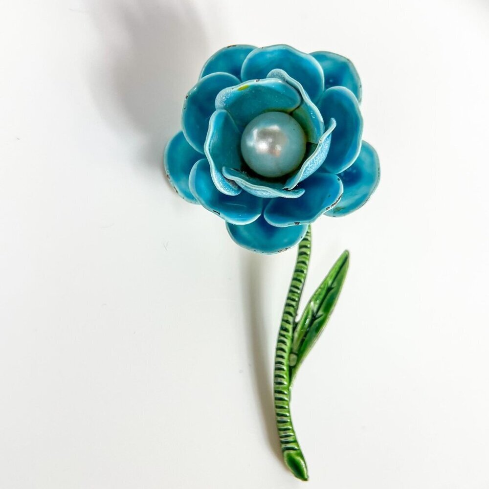 Vintage Teal Blue Enamel Flower Power Brooch Faux Pearl Center Green Stem
